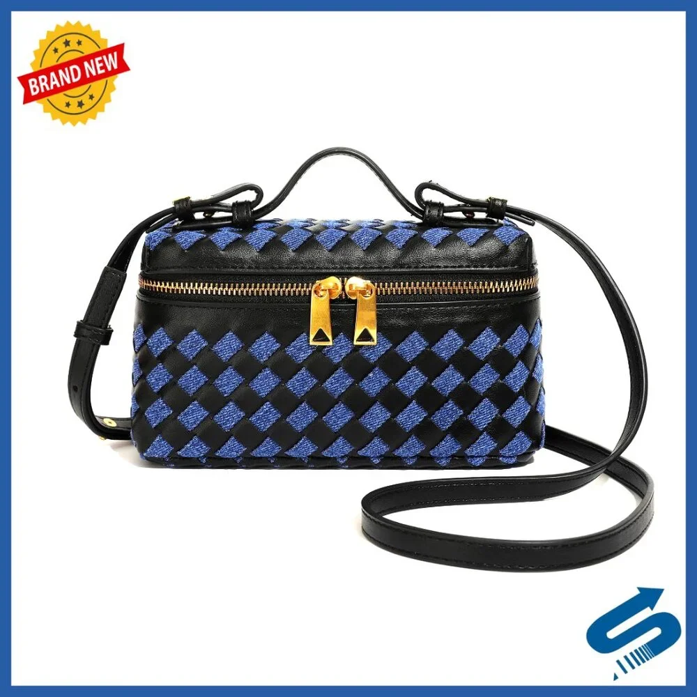 Small Square Box Crossbody Bag Vegan Leather Woven Y2K Retro Trendy - Picture 1 of 7